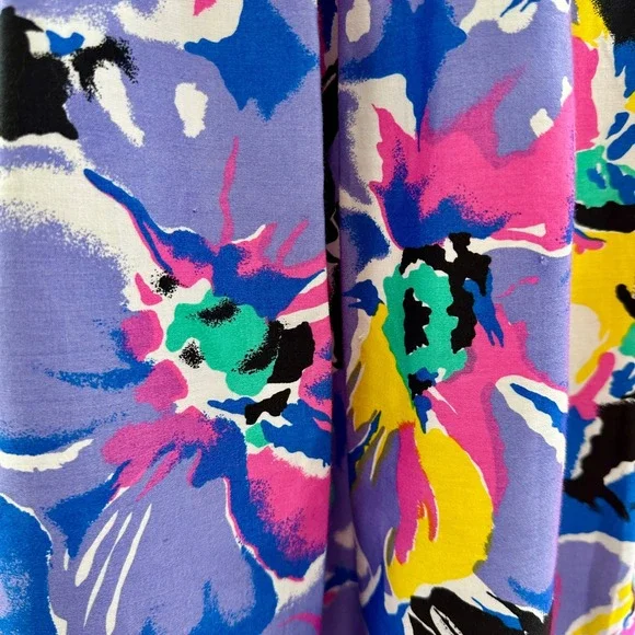 Vintage 80s 90s Floral Pleated Midi Long Skirt Lavender Pink Teal Cotton Size 14 - Picture 13 of 17